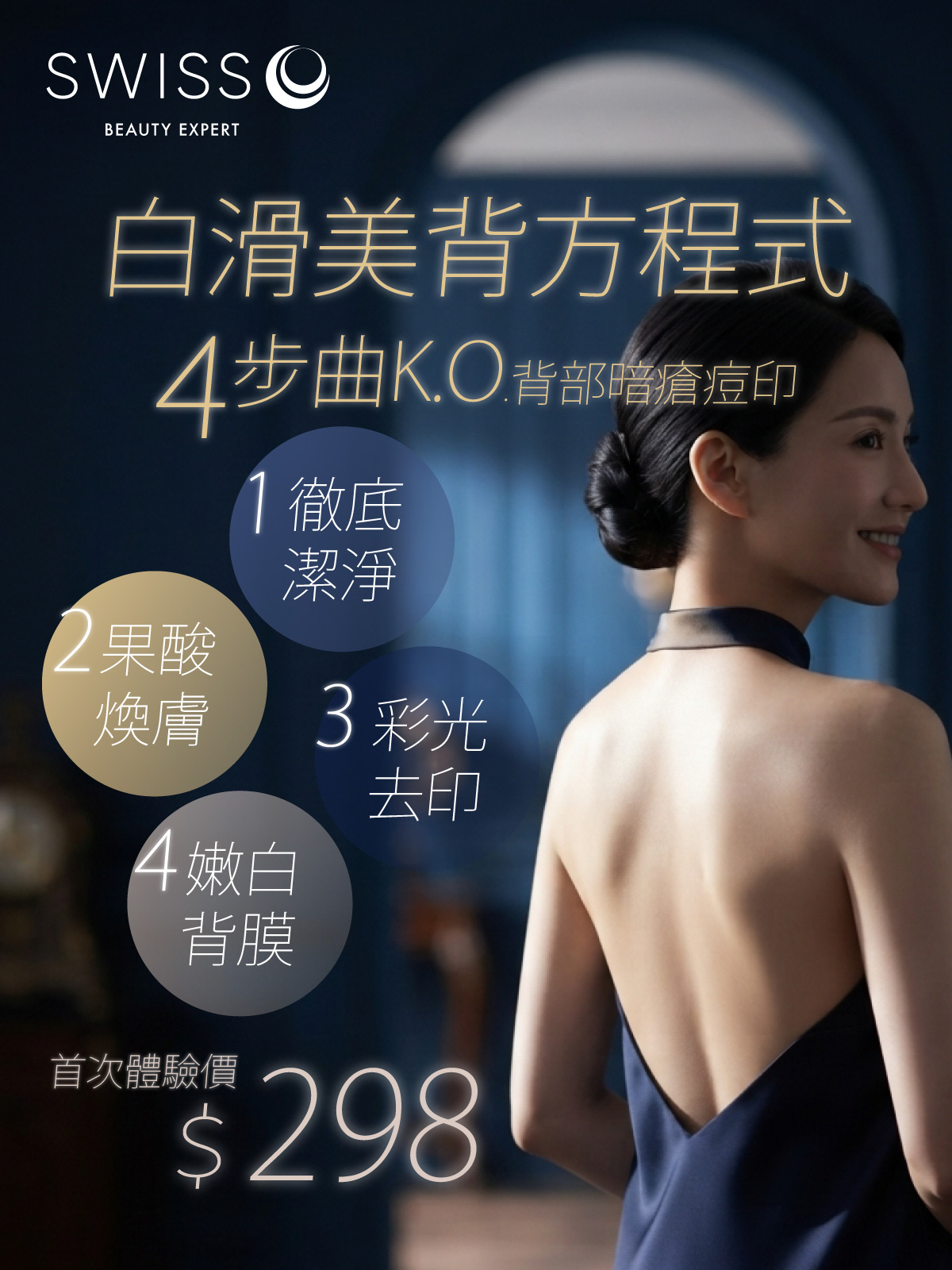 白滑美背方程式，4步曲K.O.背部暗瘡痘印，首次體驗價$298