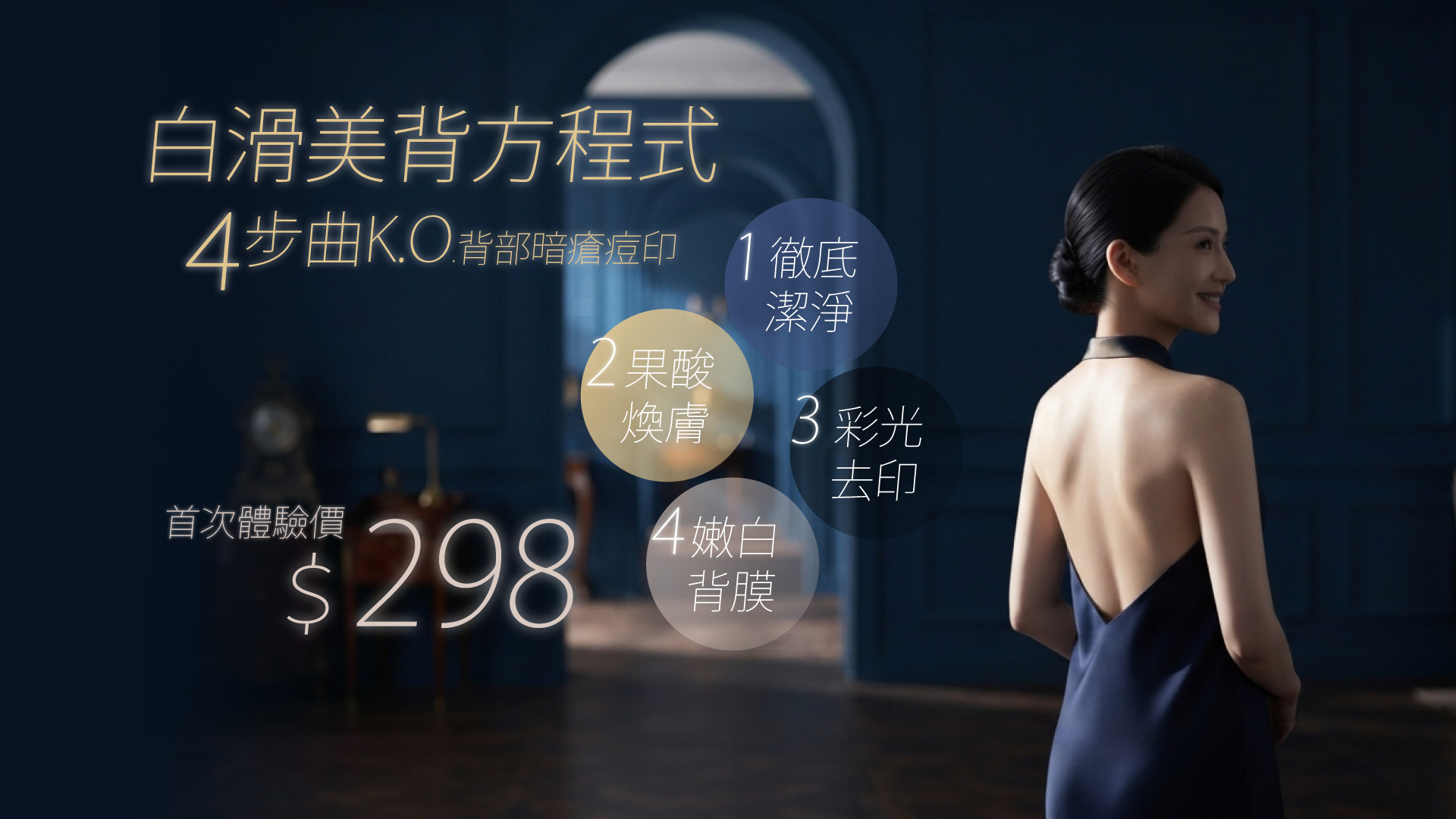 白滑美背方程式，4步曲K.O.背部暗瘡痘印，首次體驗價$298